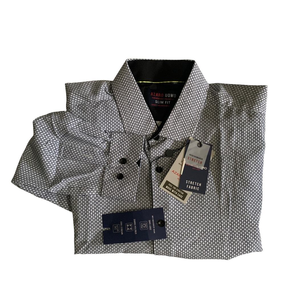 Azaro Uomo Men's Size 2XL Slim Fit Long Sleeve Geometric Button Up Stretch Shirt
